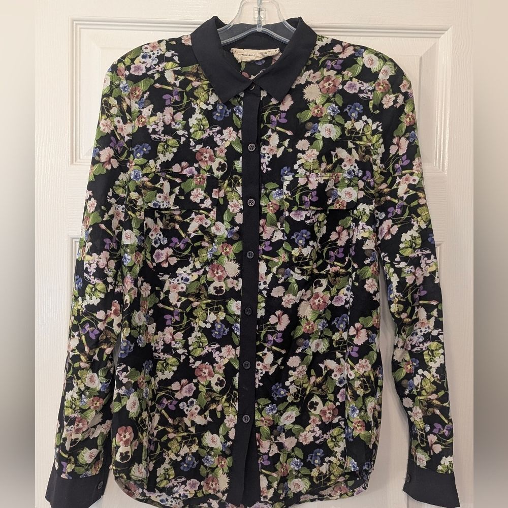 Anthropology Chance & Coincidence Black Blue Floral Button Down Blouse Shirt S